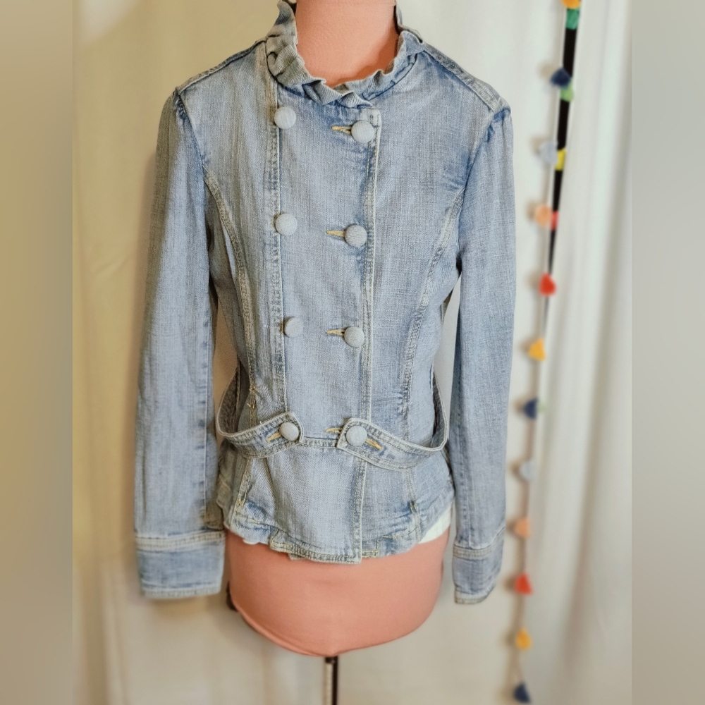 Britney denim doublebreast Ruffle Romantic jacket Big buttons Retro  cropped L